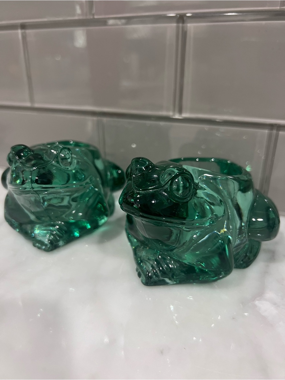 Vintage Green Glass Frog Votive Candleholder Set